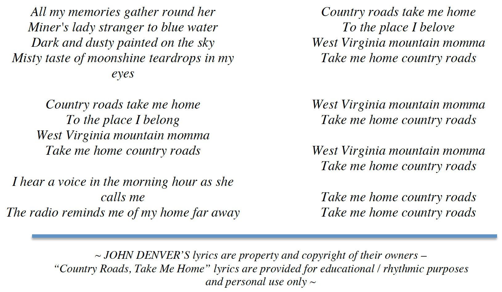 Lyrics Center Country Roads Song Lyrics John Denver