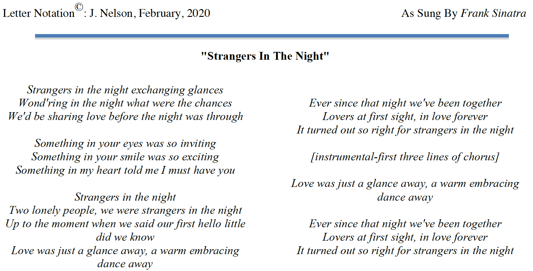 Strangers in the Night · Frank Sinatra  Frank sinatra lyrics, Great song  lyrics, Frank sinatra songs